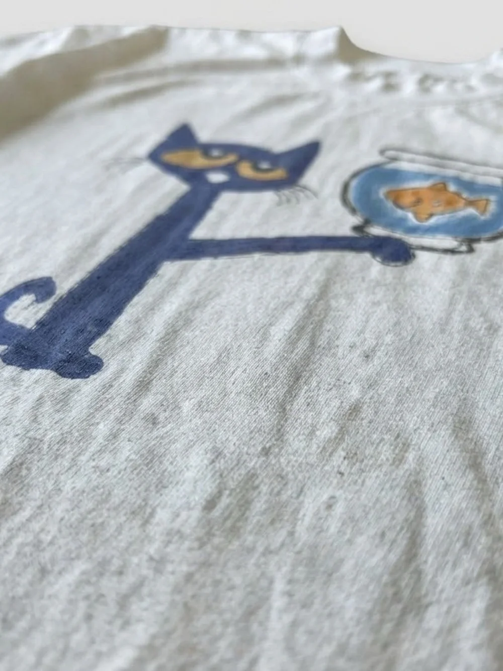 White Tee with Blue Cat & Orange Fish Graphic